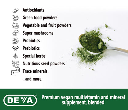 DEVA Tuba Prime Vegan Multivitamin - High-Potency Vitamin and Mineral Dietary Supplement - Antioxidants, Fruit and Vegetable Blend, Super Mushrooms, Probiotics, Prebiotics, Seeds, Herbs - 90 Tablets DEVABuy Supplements Australia