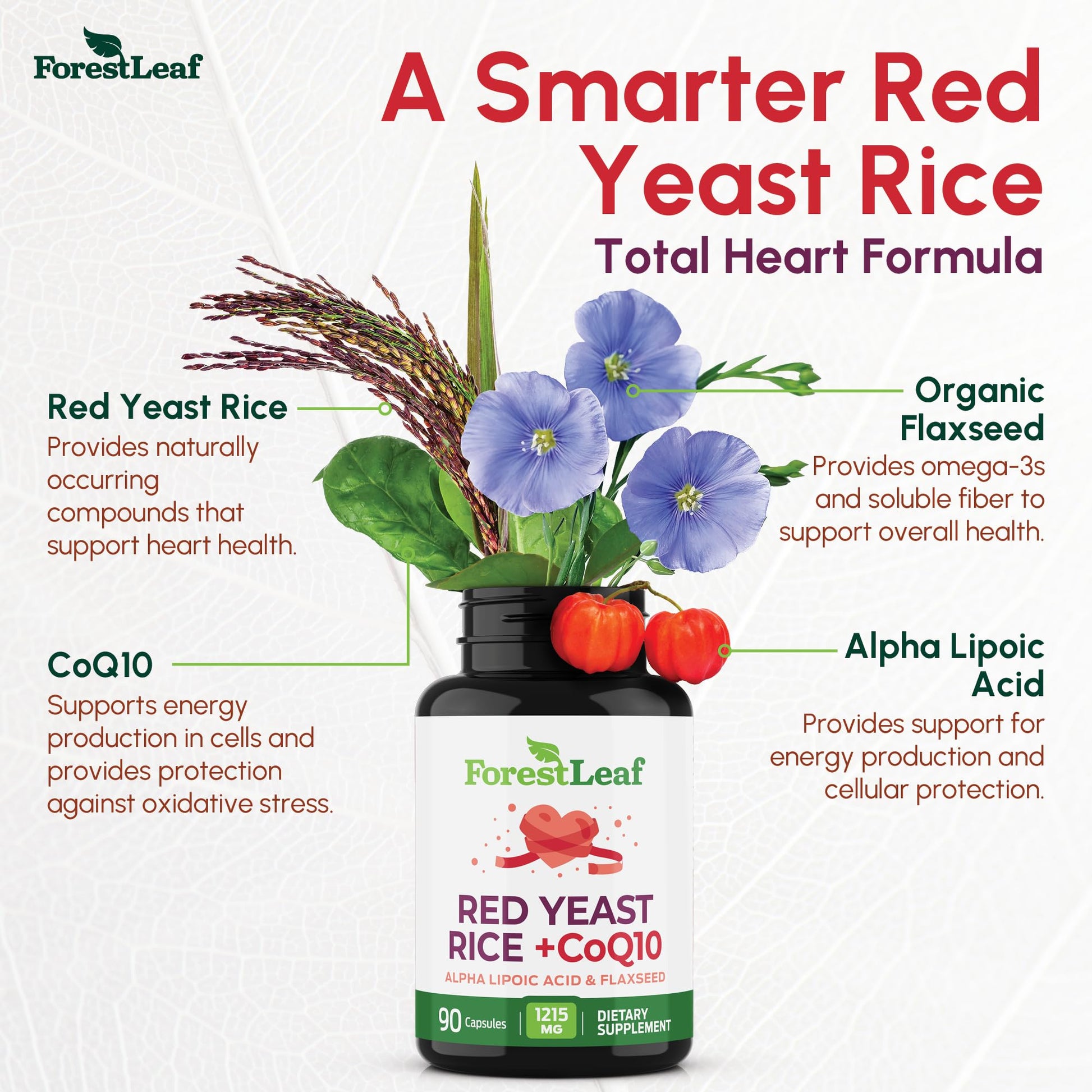 Red Yeast Rice 1215 mg. Capsules - Extra Strength Red Rice Yeast with CoQ10 Supplement, Plus Alpha Lipoic Acid & Organic Flaxseed, Citrinin Free, Supports Cardiovascular Health, Non-GMO 90 Veggie Caps ForestLeaf buy supplements Au
