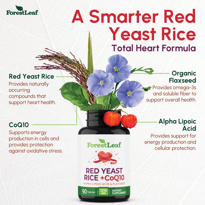 Red Yeast Rice 1215 mg. Capsules - Extra Strength Red Rice Yeast with CoQ10 Supplement, Plus Alpha Lipoic Acid & Organic Flaxseed, Citrinin Free, Supports Cardiovascular Health, Non-GMO 90 Veggie Caps ForestLeaf buy supplements Au