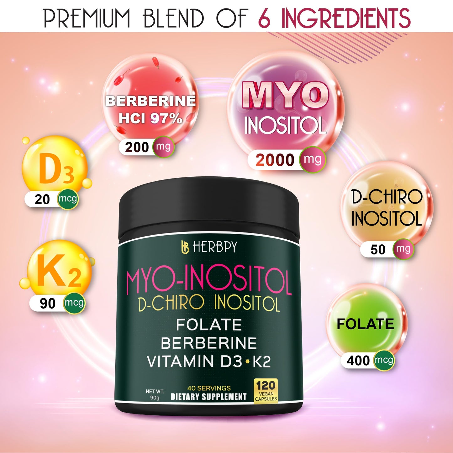 Herbpy 6in1 Premium 40:1 Myo-Inositol & D-Chiro Inositol Supplement for Women with Folate, Berberine HCl 97%, Vitamin D3 & K2 - Hormonal Balance & Ovarian Health Support- 120 Vegan Capsules Herbpy buy supplements Au