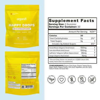 Organifi Happy Drops - Daily Superfood Happy Gummies for Adults - Mood Support Supplement for Balance, Bliss, Energy and Taking the Edge Off - Sweet Lemon Flavor - 60 Gummies