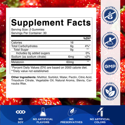 Vitamatic Sugar Free Melatonin 60 mg - 60 Vegetarian Gummies - Non-Habit Forming Supplement
