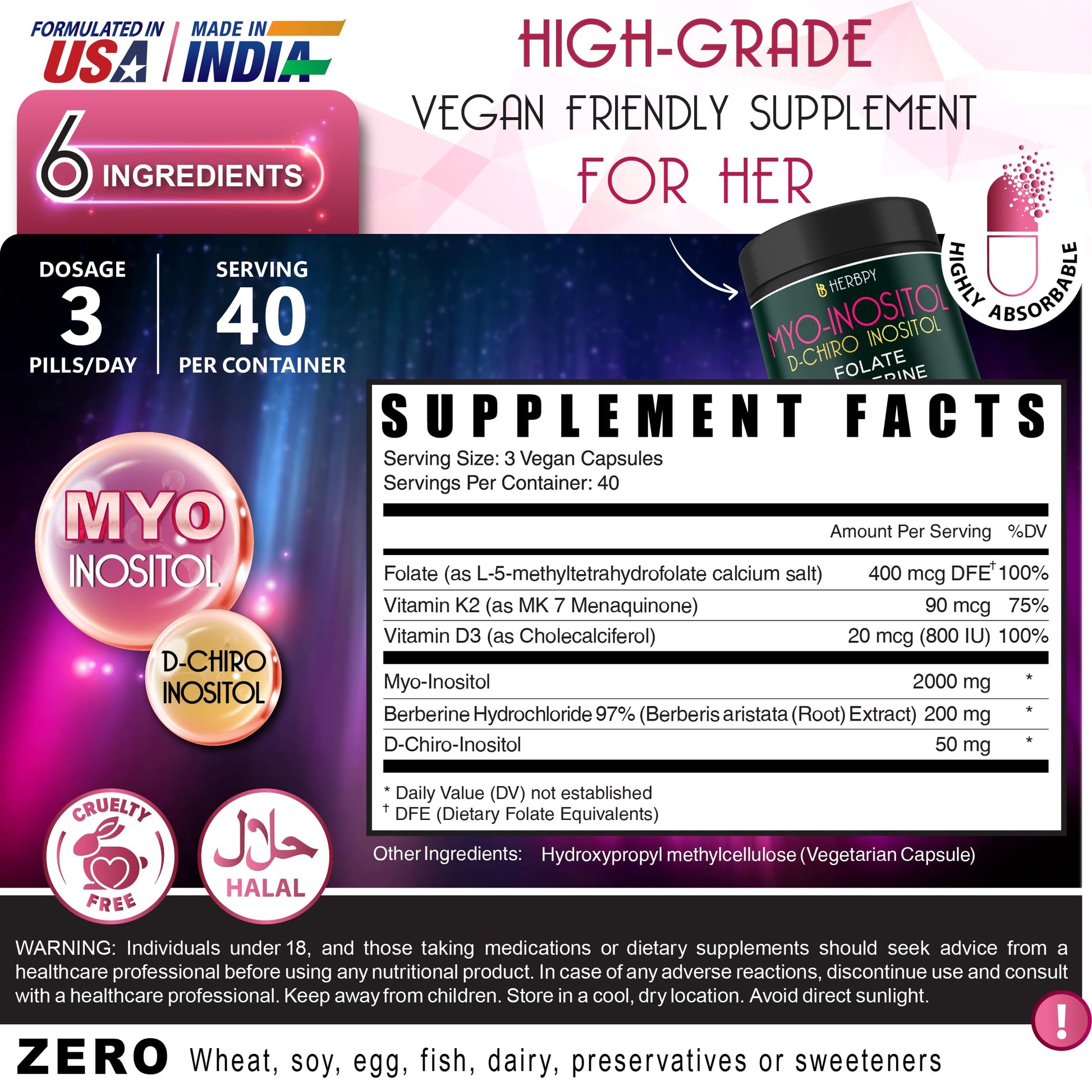 Herbpy 6in1 Premium 40:1 Myo-Inositol & D-Chiro Inositol Supplement for Women with Folate, Berberine HCl 97%, Vitamin D3 & K2 - Hormonal Balance & Ovarian Health Support- 120 Vegan Capsules Herbpy buy supplements Au