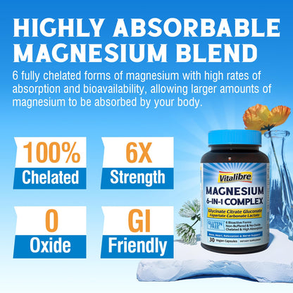 Vitalibre 6 in 1 Magnesium Complex for Women Men, 260mg Elemental Magnesium | Max Absorption | Chelated Magnesium Supplement for Bone, Relaxation & Nerves Support | Non-GMO, 120 Vegan Capsules Vitalibre buy supplements Au