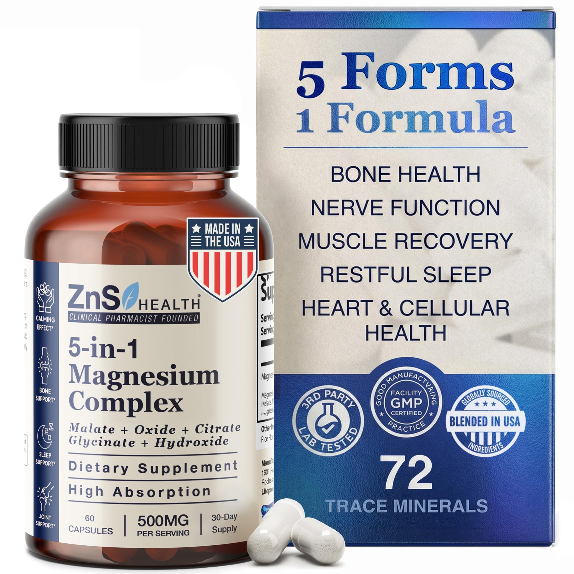 Supplement bottle and packaging of Zns Health 5-in-1 Magnesium Complex with text on benefits.