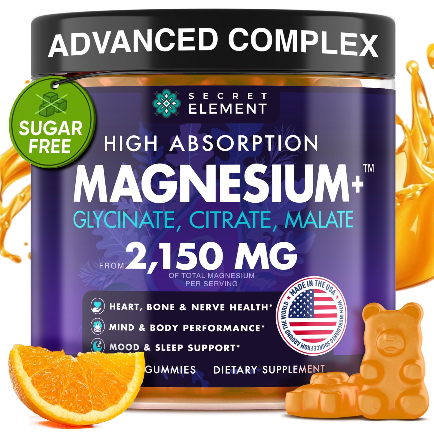 Supplement container labeled 'Secret Element' with magnesium supplement details, surrounded by oranges and gummy bears.