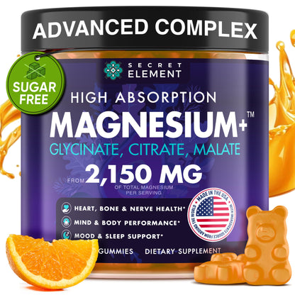 Supplement container labeled 'Secret Element' with magnesium supplement details, surrounded by oranges and gummy bears.