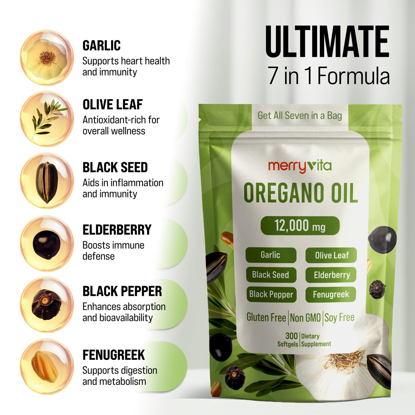 MERRY VITA Oil of Oregano with Black Seed Oil– Oregano Oil Capsules Organic, High Carvacrol – Aceite de Orégano Cápsulas, Immune Support Supplement – Non-GMO - 300 Softgels MERRY VITA buy supplements Au