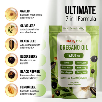 MERRY VITA Oil of Oregano with Black Seed Oil– Oregano Oil Capsules Organic, High Carvacrol – Aceite de Orégano Cápsulas, Immune Support Supplement – Non-GMO - 300 Softgels MERRY VITA buy supplements Au