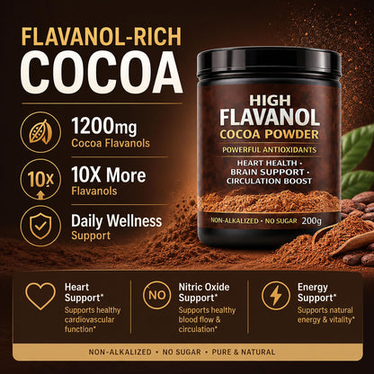 High Flavanol Cocoa Powder, Flavanol Rich Cocoa Powder– 1200mg Cocoa Flavanols – 10X More Flavanols – Supports Heart Health, Nitric Oxide & Energy