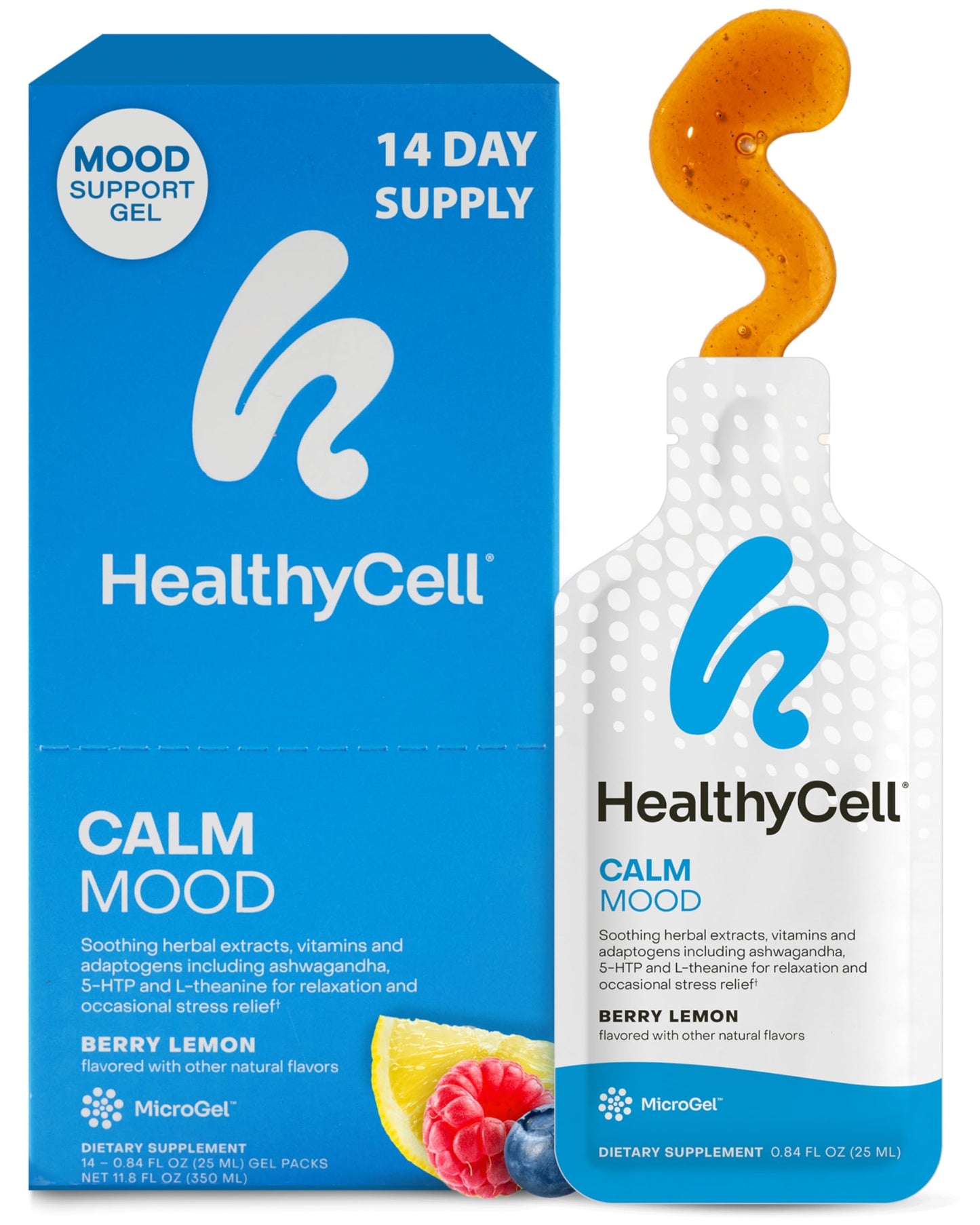 Healthycell Calm Mood Daily Liquid Supplement - Cortisol Manager & Mood Support Supplement for Stress with Ashwagandha, L-Theanine, Magnesium, 5-HTP, GABA & Saffron - 14 Gel Packs