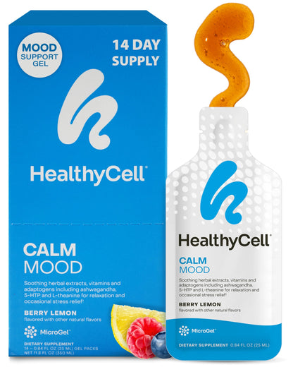 Healthycell Calm Mood Daily Liquid Supplement - Cortisol Manager & Mood Support Supplement for Stress with Ashwagandha, L-Theanine, Magnesium, 5-HTP, GABA & Saffron - 14 Gel Packs