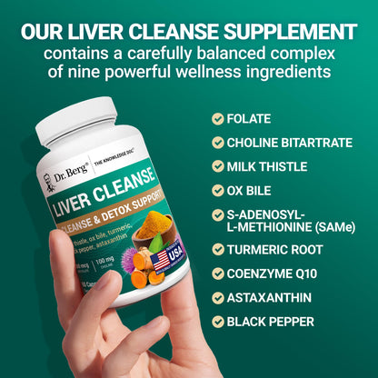 Dr. Berg Liver Cleanse Detox Capsules w/Unique Blend of Milk Thistle, Ox Bile & Folate - Liver Supplement Includes Turmeric, Black Pepper & Choline - 60 Capsules