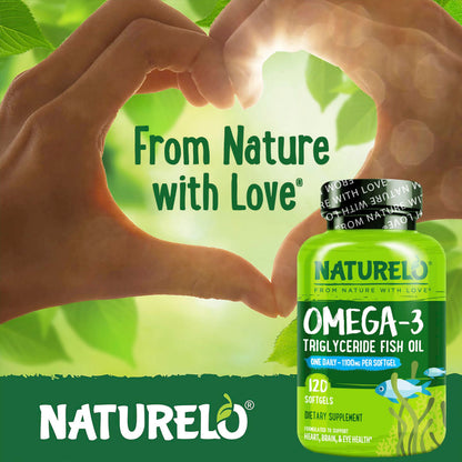 NATURELO Burpless Omega 3 Fish Oil Supplement - 1100mg Triglyceride Omega-3, EPA + DHA, Liquid Fish Oil for Heart, Eye, Brain, Joint Health