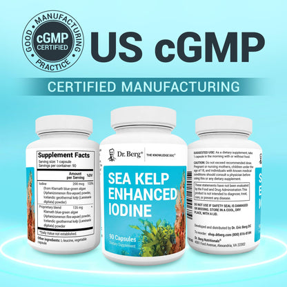 Dr. Berg Sea Kelp Enhanced Iodine - 200 mcg of Premium Iodine - Seaweed Blend Includes Klamath Blue-Green Algae & Sea Kelp - 90 Capsules Dr. Berg NutritionalsBuy Supplements Australia