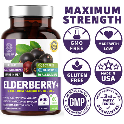N1N Premium Black Elderberry Capsules for Adults [Max Strength] Pure and Potent Elderberry from Sambucus Nigra to Support Immunity & Skin Health, Non-GMO, Gluten Free, 60 Veg Caps Number One NutritionBuy Supplements Australia