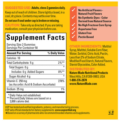 Nature Made Zero Sugar Vitamin C Gummies 250 mg Per Serving, Immune & Antioxidant Support, Aspartame Free