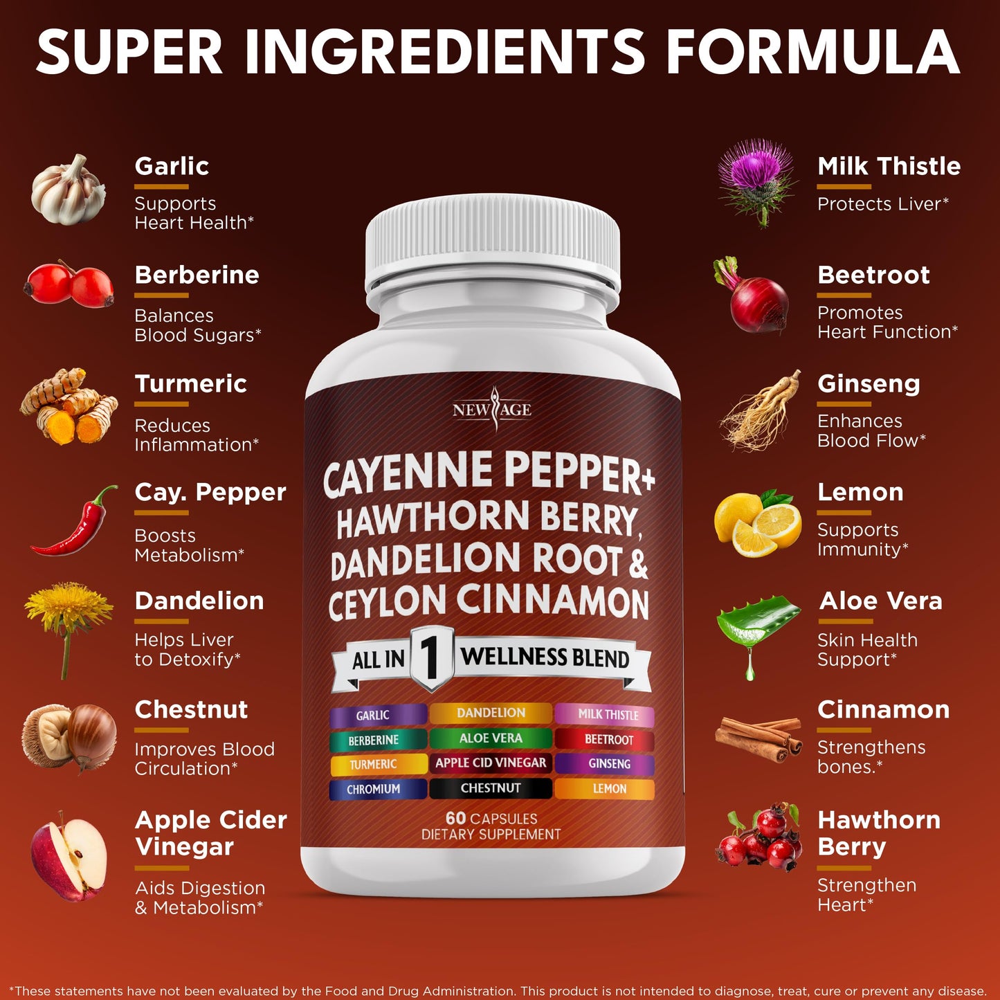 NEW AGE Cayenne Pepper Capsules Supplement with Hawthorn Berry, Dandelion Root, Ceylon Cinnamon, Garlic, Ginger, ACV, Milk Thistle, Beet Root, Aloe Vera - 120 Count NEW AGE buy supplements Au
