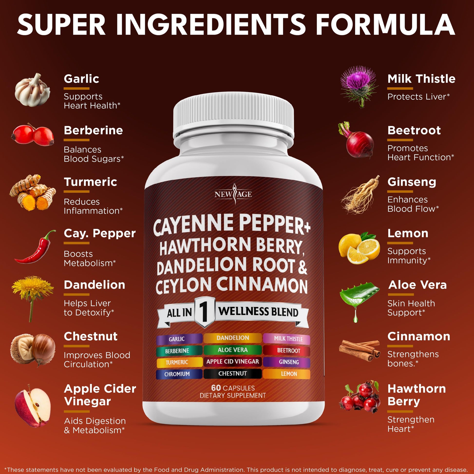 NEW AGE Cayenne Pepper Capsules Supplement with Hawthorn Berry, Dandelion Root, Ceylon Cinnamon, Garlic, Ginger, ACV, Milk Thistle, Beet Root, Aloe Vera - 120 Count NEW AGE buy supplements Au