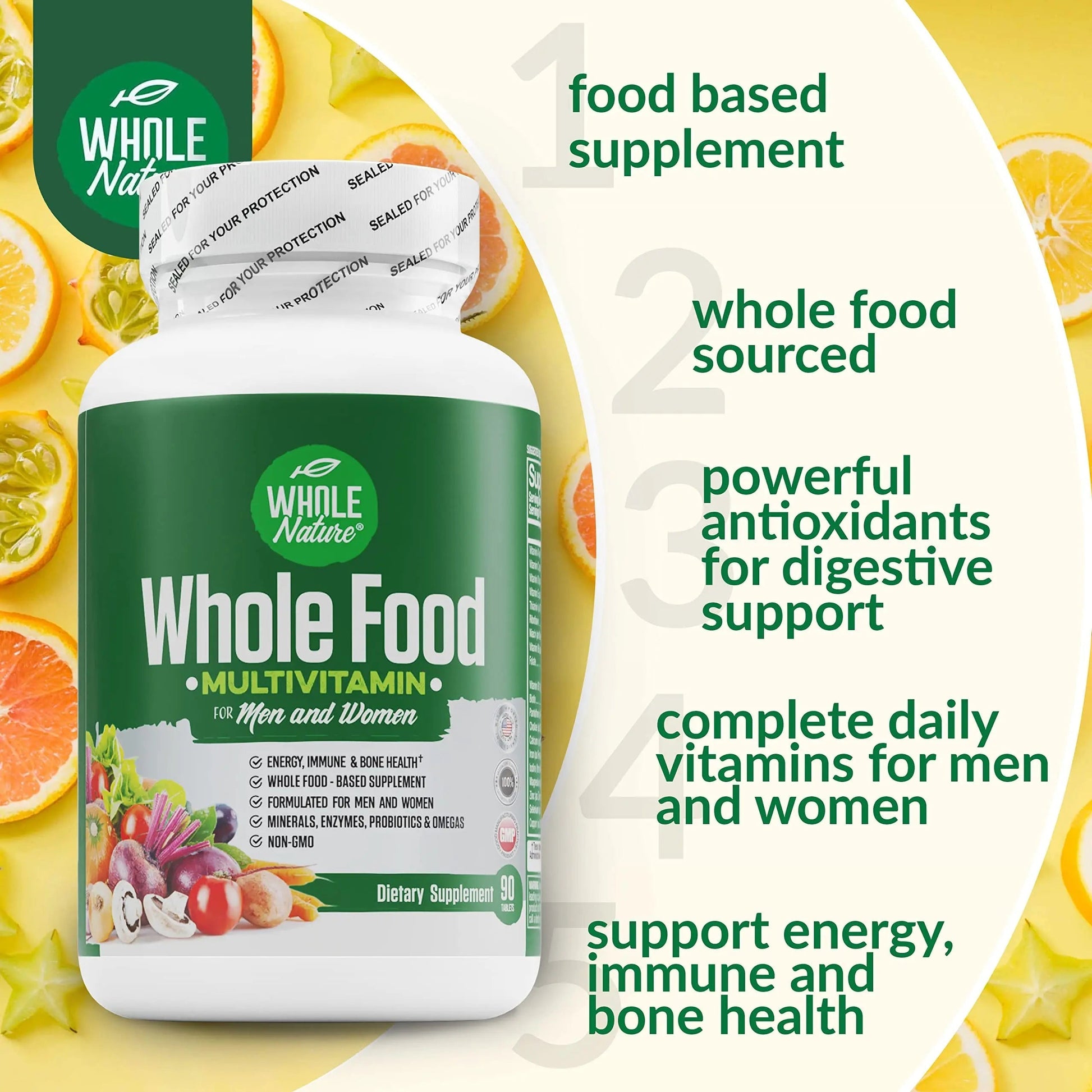 Whole Nature Whole Food Multivitamin for Men and Women Complete Daily Superfood Vitamins Plus Minerals Digestive Enzymes Whole Nature