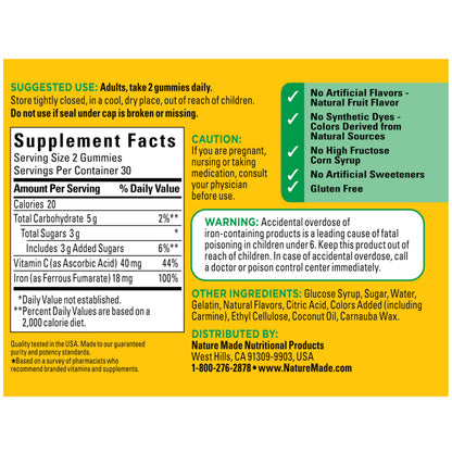 Nature Made Iron 18 mg per serving Gummies with Vitamin C, Iron Supplement for Red Blood Cell Support, 60 Gummies, 30 Day Supply