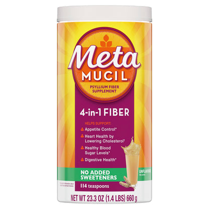 Metamucil, Psyllium Husk Powder, Unflavored with No Added Sweeteners, 114 Servings, 4-in-1 Fiber Supplement, Daily Psyllium Husk Fiber Powder