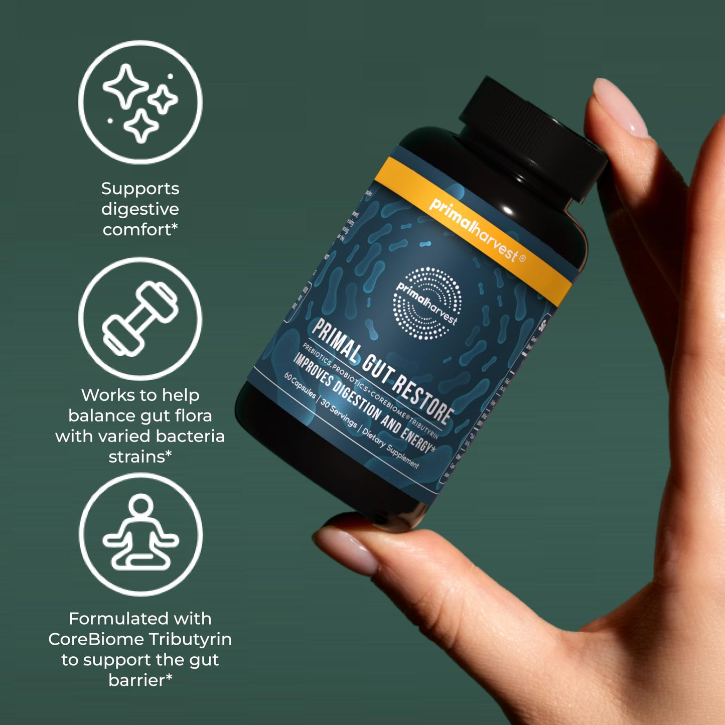 Primal Harvest 2 Pack, Restore for Gut Health, Primal Gut Restore w/POSTbiotics, PREbiotics and PRObiotics for Women and Men, 60 CT - Digestion,