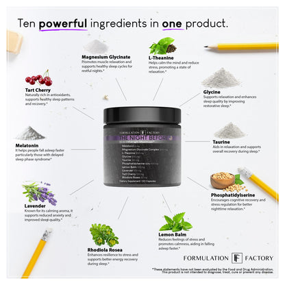 Formulation Factory The Night Before 10-in-1 Sleep Support | Melatonin 4mg, Magnesium Glycinate 300mg, L-Theanine, Glycine & More | Supports Relaxation, Calm & Recovery (120 Capsules 2 Month Supply) Formulation Factory buy supplements Au
