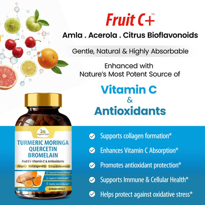 Organic Veda Turmeric Moringa Quercetin with Bromelain Capsules - Fruit C+ Vitamin C Antioxidants Immune System & Respiratory Supplement - Ashwagandha, Ginger, Citrus Bioflavonoids, 60 Vegan Capsule Organic VedaBuy Supplements Australia