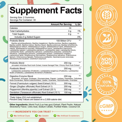 Totaria Sugar Free 5-in-1 Probiotic Prebiotic Postbiotic Gummy, 36 Strains Probiotics for Women Men with Digestive Enzymes, Peppermint, Complete Immune,