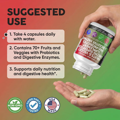 Clean Nutraceuticals Fruits and Veggies Supplement Reds & Green Superfood - Balance of Over 70 Fruit & Vegetable Supplements Capsules with Probiotics Prebiotics