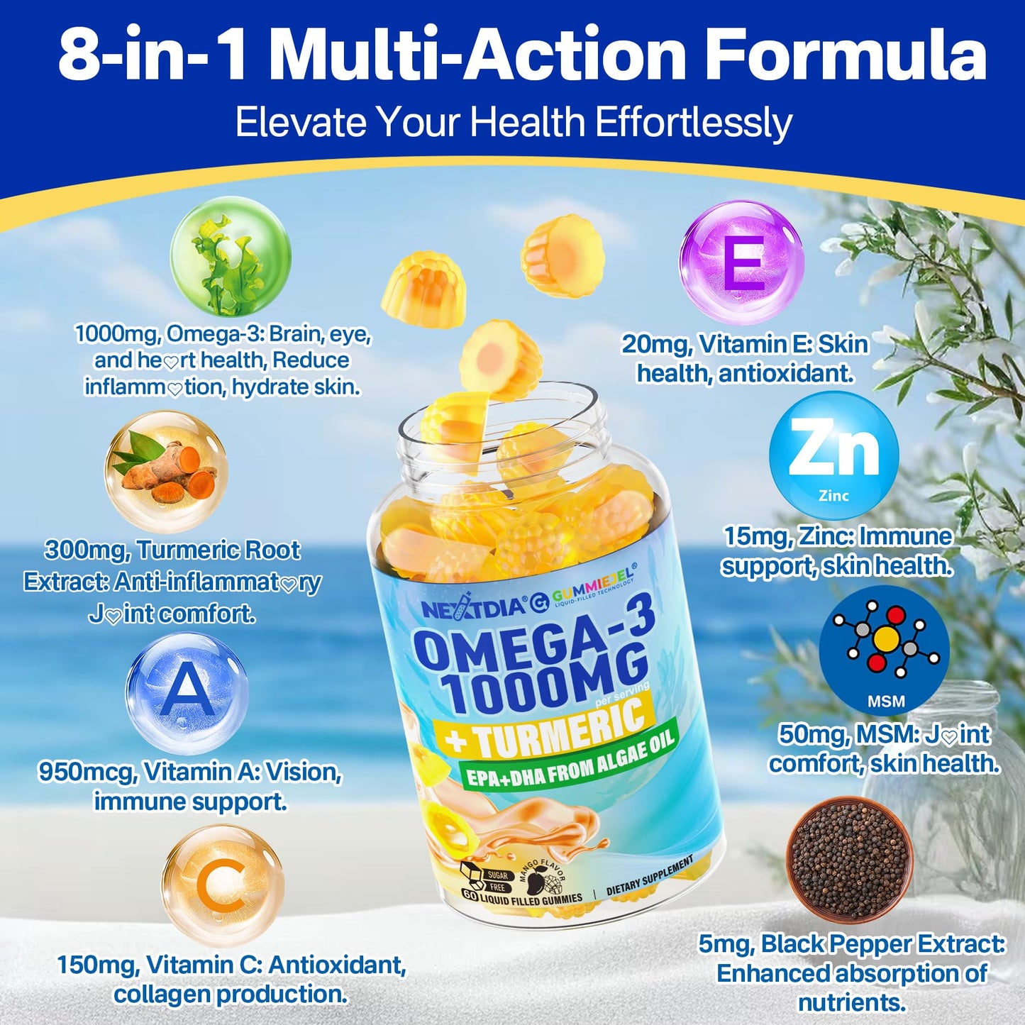 Vegan Omega-3 Gummies 1000mg + Turmeric - Omega 3 Fish Oil Alternative for Adults - Algae DHA 600mg & EPA 300mg