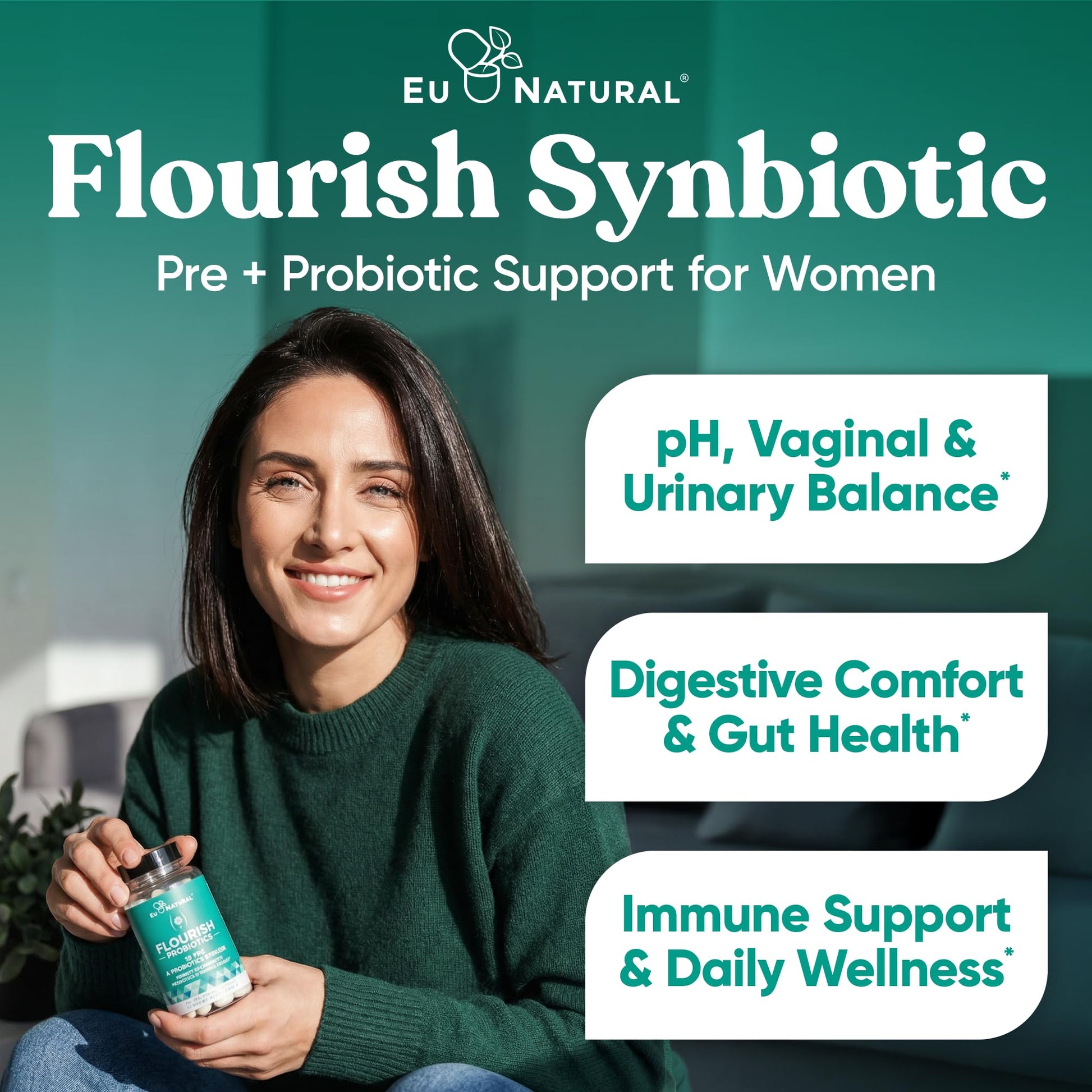Flourish Probiotics + Prebiotics for Women - Gut and Digestion, Urinary Tract, Reduce Bloating, Vaginal Health - 18 Clinically Proven Strains, 14 Billion CFU - 30 Shelf-Stable Mini Vegan Capsules Eu Natural buy supplements Au