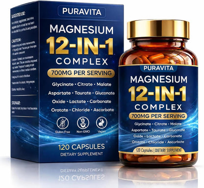 Puravita Magnesium 12-in-1 Complex supplement bottle and packaging on a white background
