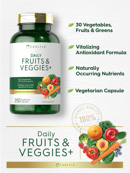 Carlyle Fruits and Veggies Supplement | 250 Capsules | Made with 30 Fruits and Vegetables | Vegetarian, Non-GMO, Gluten Free Superfood Formula CarlyleBuy Supplements Australia