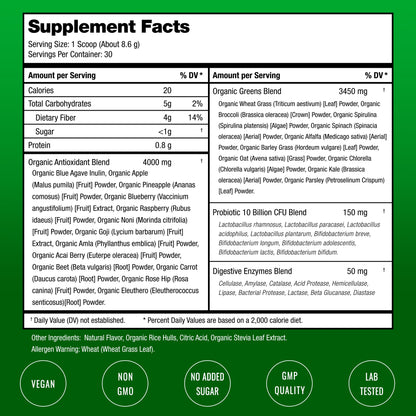 SuperGreens Powder, 40+ Organic Superfoods, Probiotics & Enzymes for Energy, Digestion, Gut Health & Bloating | Organic Fruit & Veggie Drink Mix, Daily Green Juice