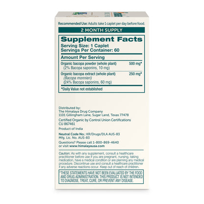 Himalaya Organic Bacopa Monnieri Nootropic Herbal Supplement, Supports Calm, Memory, Cognition, USDA Certified Organic, Non-GMO, 750 mg