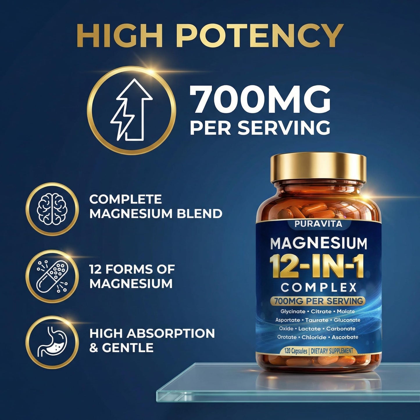 Puravita 12 in 1 Magnesium Complex Capsules - 700mg High Absorption Blend with Glycinate, Citrate, Malate, Oxide & Taurate. Supports Muscle Function, Nerve Health & Relaxation - 120 Capsules (1) PURAVITA buy supplements Au
