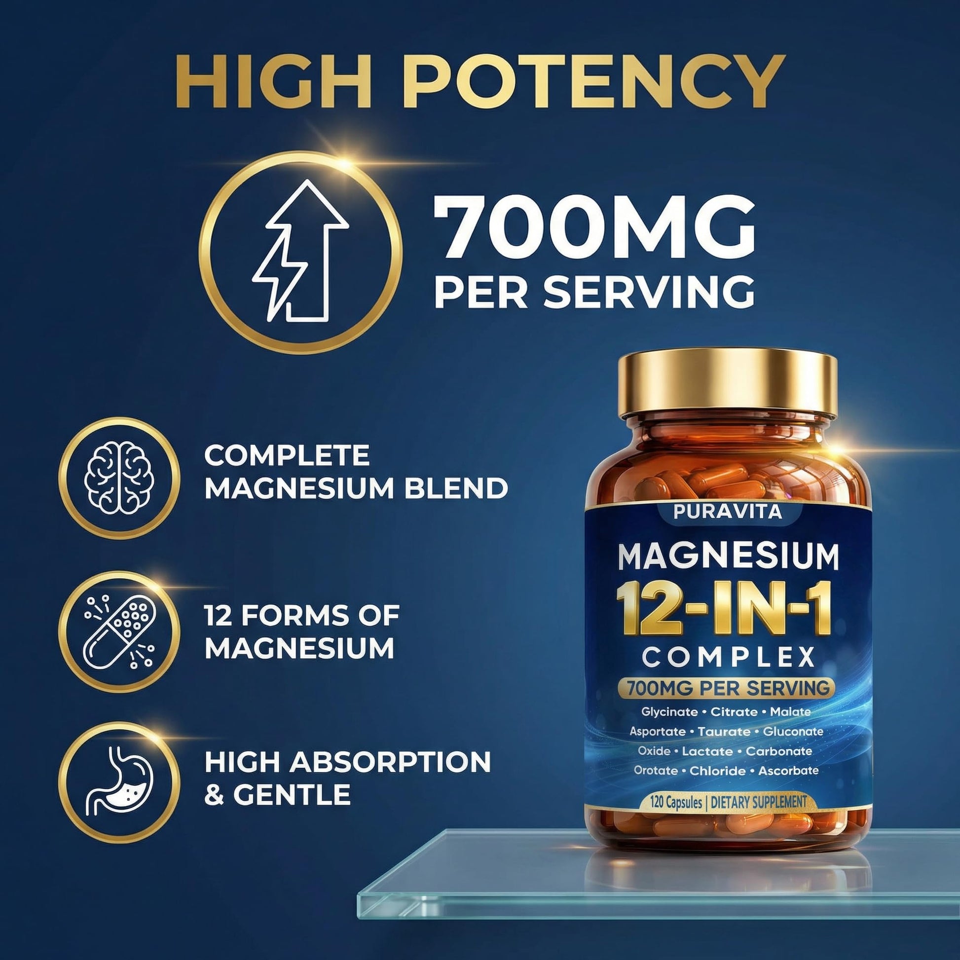 Puravita 12 in 1 Magnesium Complex Capsules - 700mg High Absorption Blend with Glycinate, Citrate, Malate, Oxide & Taurate. Supports Muscle Function, Nerve Health & Relaxation - 120 Capsules (1) PURAVITA buy supplements Au