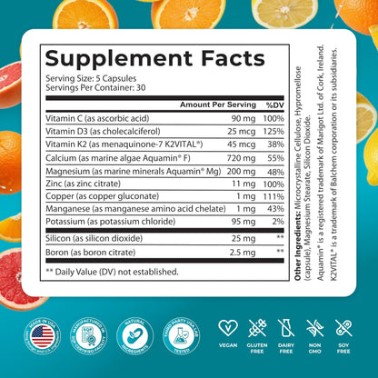 PUREHEALTH RESEARCH Bone Health Formula - for Bones, Joint & Skeletal Wellness - with Calcium, Magnesium, Zinc, Copper, Manganese, Potassium, Vitamin K2, D3, C & More for Women & Men - 150 Capsules PUREHEALTH RESEARCHBuy Supplements Australia