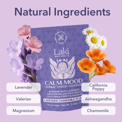 Laki Naturals Lavender Chamomile Calm Mood Functional Herbal Lozenges (14ct) Throat & Calming Hard Candies with Magnesium, Ashwagandha, California Poppy & Valerian. Vegan, Sugar Free, Gluten Free