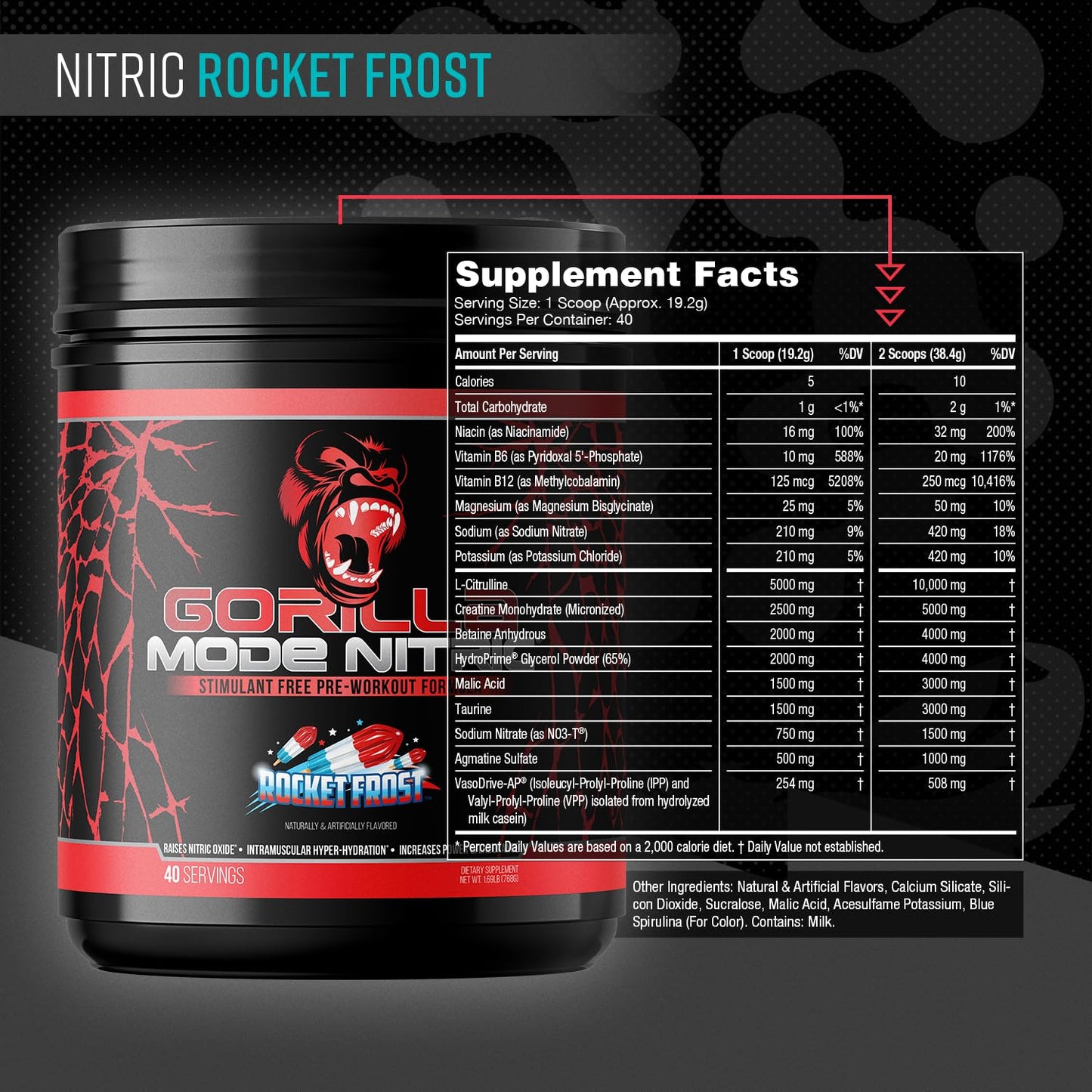 Gorilla Mode Nitric Upgraded Stimulant Free Pre-Workout – Best Tasting and Most Effective Stimulant Free Pre-Workout/Massive Pumps · Vasodilation · Power / 768 Grams (Rocket Frost)