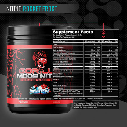Gorilla Mode Nitric Upgraded Stimulant Free Pre-Workout – Best Tasting and Most Effective Stimulant Free Pre-Workout/Massive Pumps · Vasodilation · Power / 768 Grams (Rocket Frost)