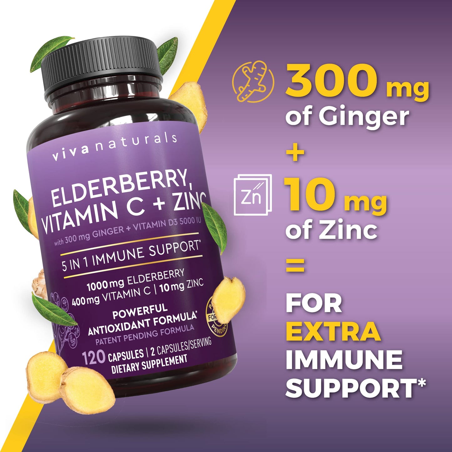 Viva Naturals Elderberry with Vitamin C and Zinc for Adults - 5 in 1 Sambucus Black Elderberry Capsules with Vitamin D3 5000 IU Immunity Supplement