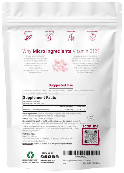 Micro Ingredients Vitamin B12 5,000 mcg | Methylcobalamin – 240 Chewable Tablets | Fast Dissolve, Natural Strawberry Flavor