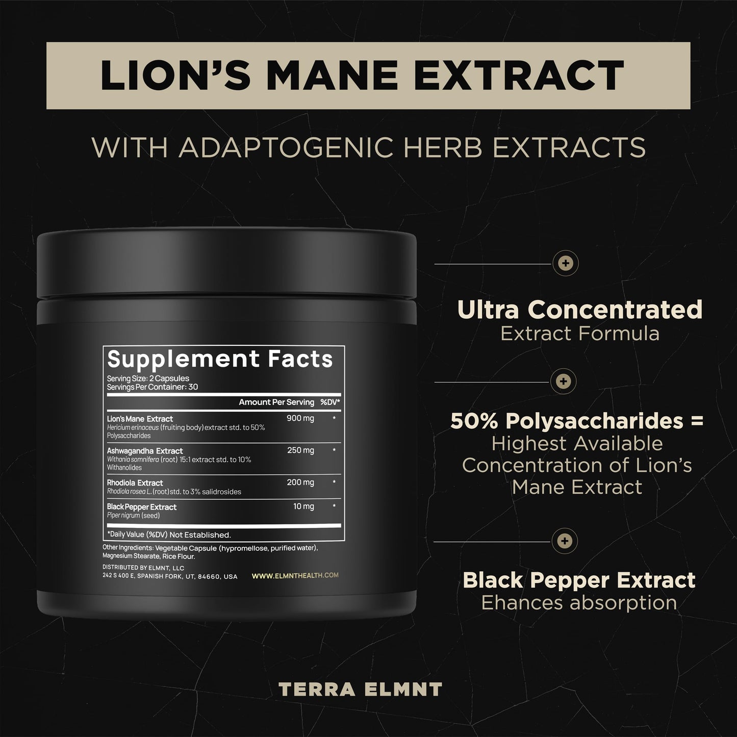16x Strength Lions Mane Supplement Capsules Super Nootropic w. Ashwagandha & Rhodiola - Highest Potency 16:1 Lion's Mane Mushroom Extract 50% Polysaccharides