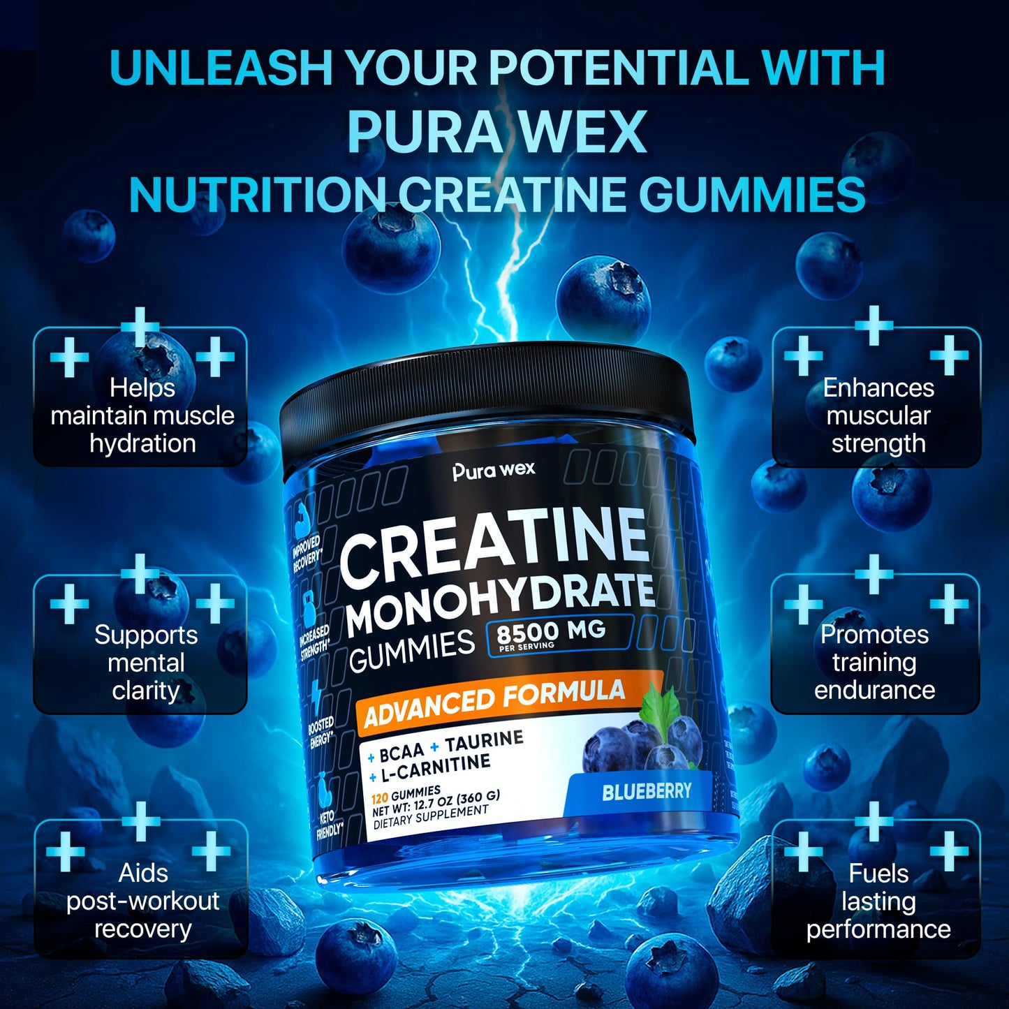 PURA WEX NUTRITION Creatine Monohydrate Gummies 8500mg Complex for Men & Women - Pre Workout Creatine Chews for Muscle Growth, Strength & Energy,