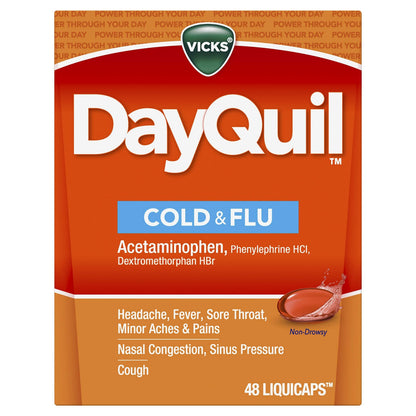Vicks DayQuil Cold & Flu Medicine, Non-Drowsy Powerful Multi-Symptom Daytime Relief for Headache, Fever, Sore Throat, Minor Aches and Pains, Nasal Congestion, Sinus Pressure and Cough, 48 Liquicaps Vicks buy supplements Au
