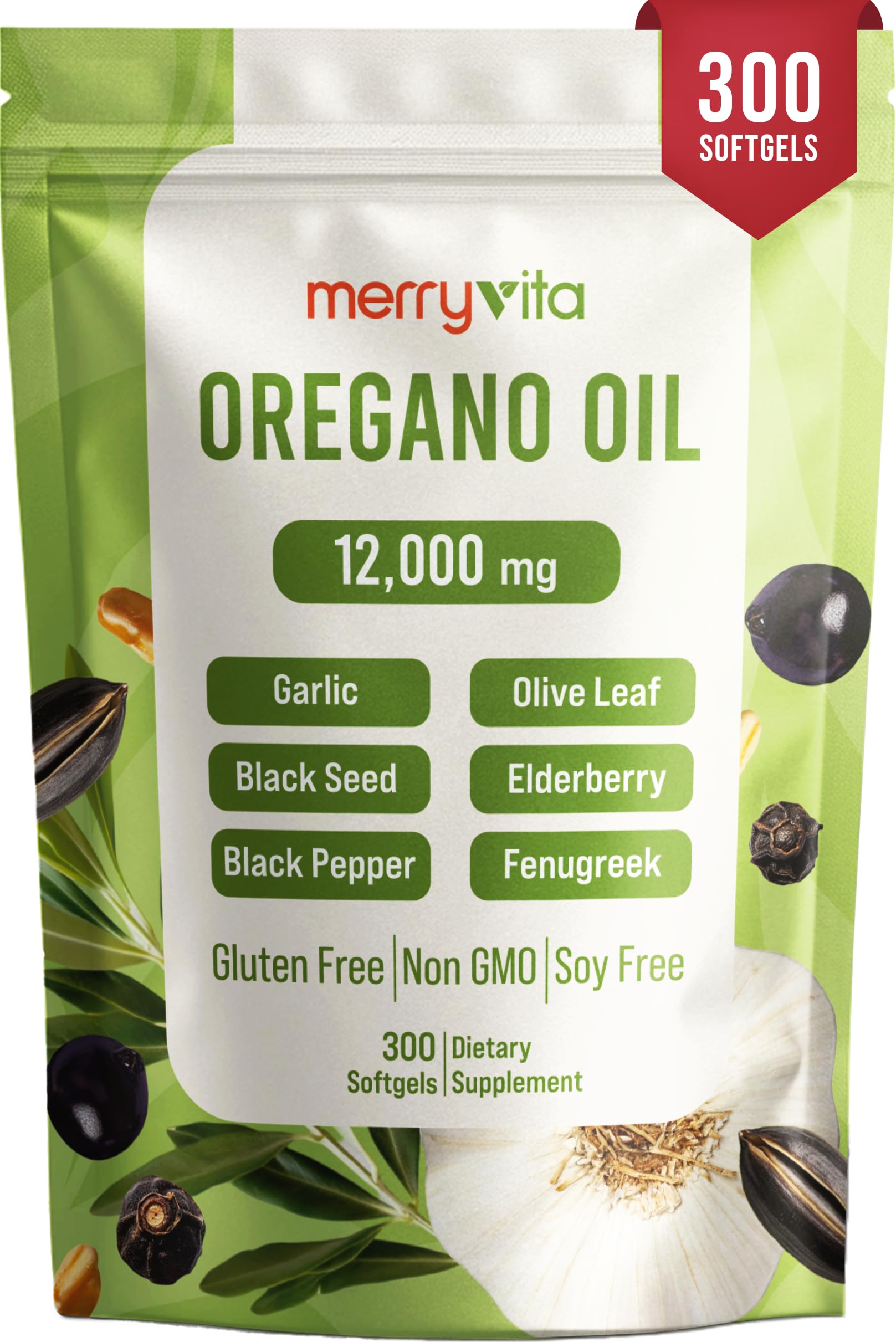 MERRY VITA Oil of Oregano with Black Seed Oil– Oregano Oil Capsules Organic, High Carvacrol – Aceite de Orégano Cápsulas, Immune Support Supplement – Non-GMO - 300 Softgels MERRY VITA buy supplements Au