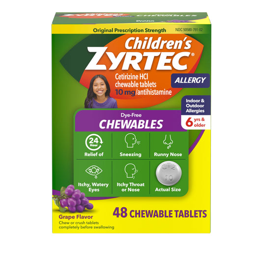 Zyrtec Children's Dye-Free Chewables for 24 Hour Allergy Relief, 10 mg Cetirizine Hydrochloride Antihistamine Tablets, Kids Allergy Medicine Relieves Sneezing & Itchy Throat, Grape, 48 ct Zyrtec buy supplements Au